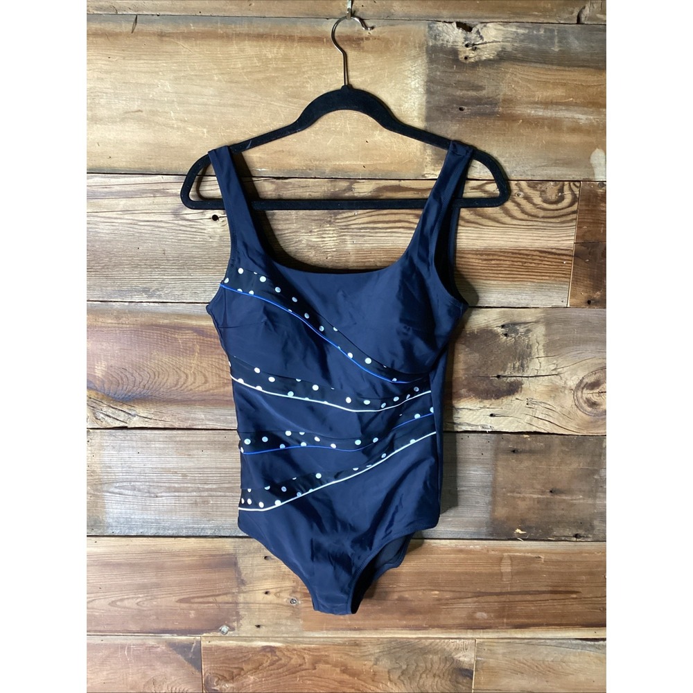 Seekers Essentials Australia Tank One Piece Swimsuit Sz 14 Black White Polka Dot